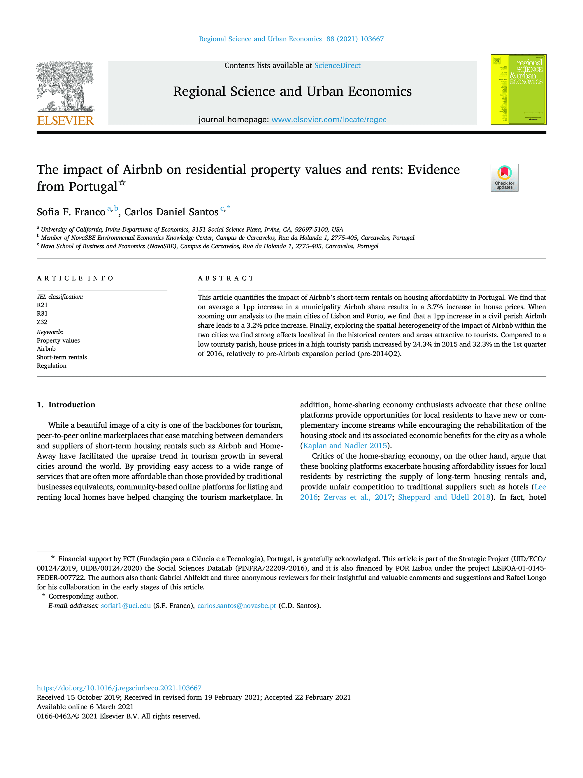The impact of Airbnb on residential property values and rents: Evidence from Portugal