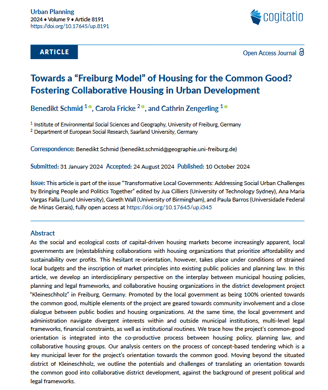 Towards a “Freiburg Model” of Housing for the Common Good? Fostering Collaborative Housing in Urban Development