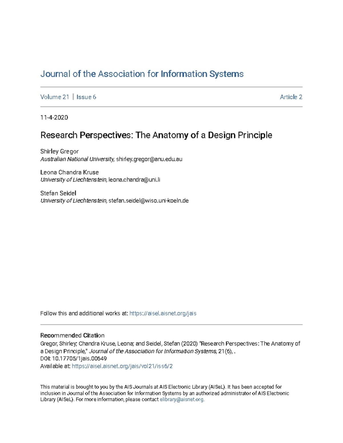 Research perspectives: The anatomy of a design principle