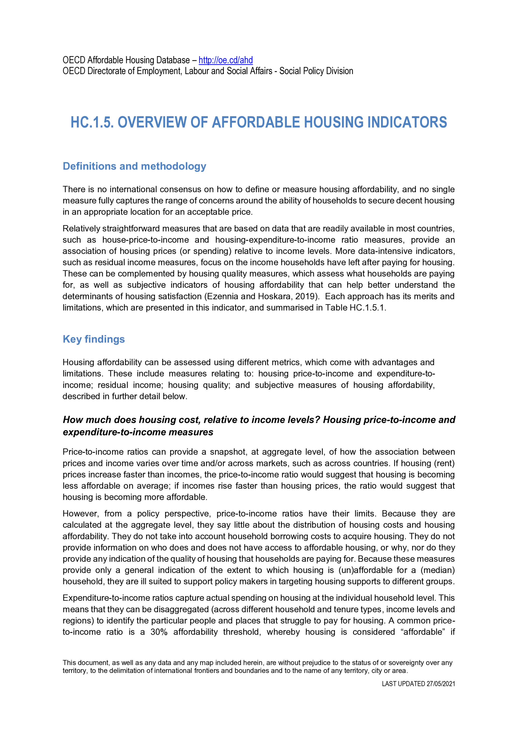 OECD Affordable Housing Database (AHD): Housing Affordability and Policy Indicators
