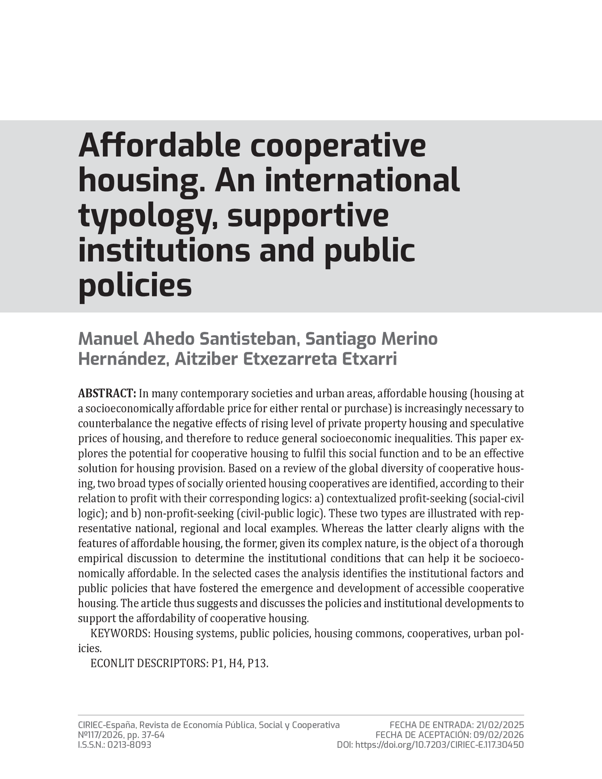 Affordable Cooperative Housing: An International Typology, Supportive Institutions and Public Policies