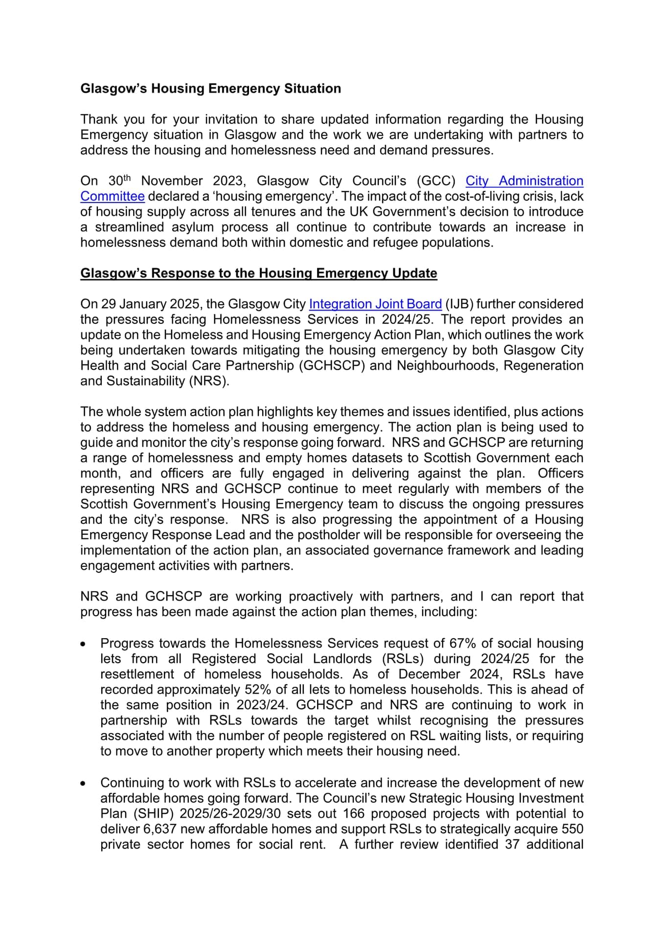Glasgow's Housing Emergency Situation — Glasgow City Council submission to the Scottish Parliament (2025)