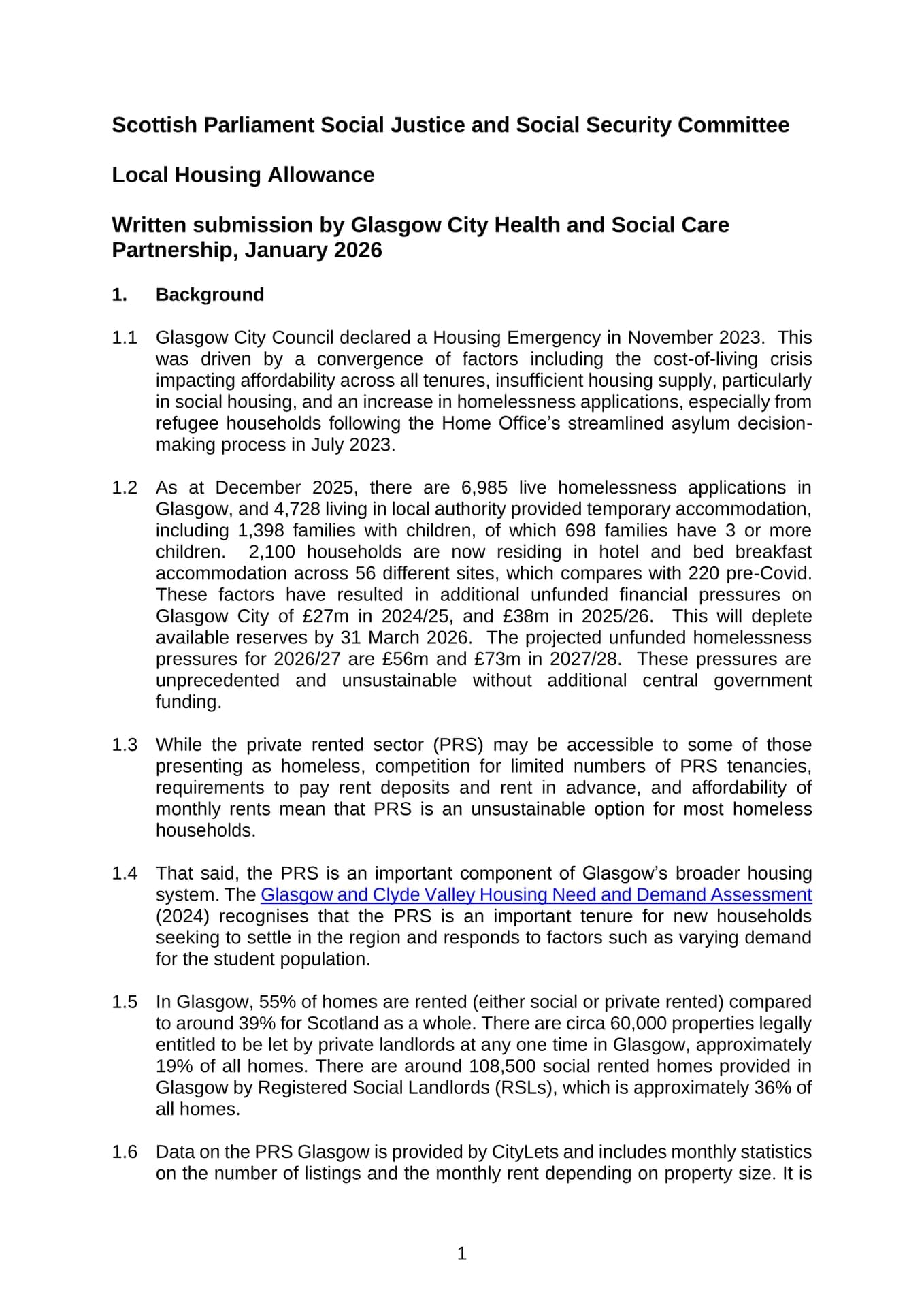 Local Housing Allowance — written submission by Glasgow City Health and Social Care Partnership (January 2026)