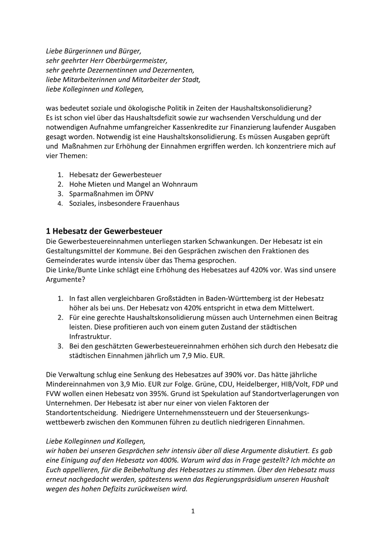 Haushaltsrede 2025/26 der Fraktion Die Linke/Bunte Linke im Heidelberger Gemeinderat
