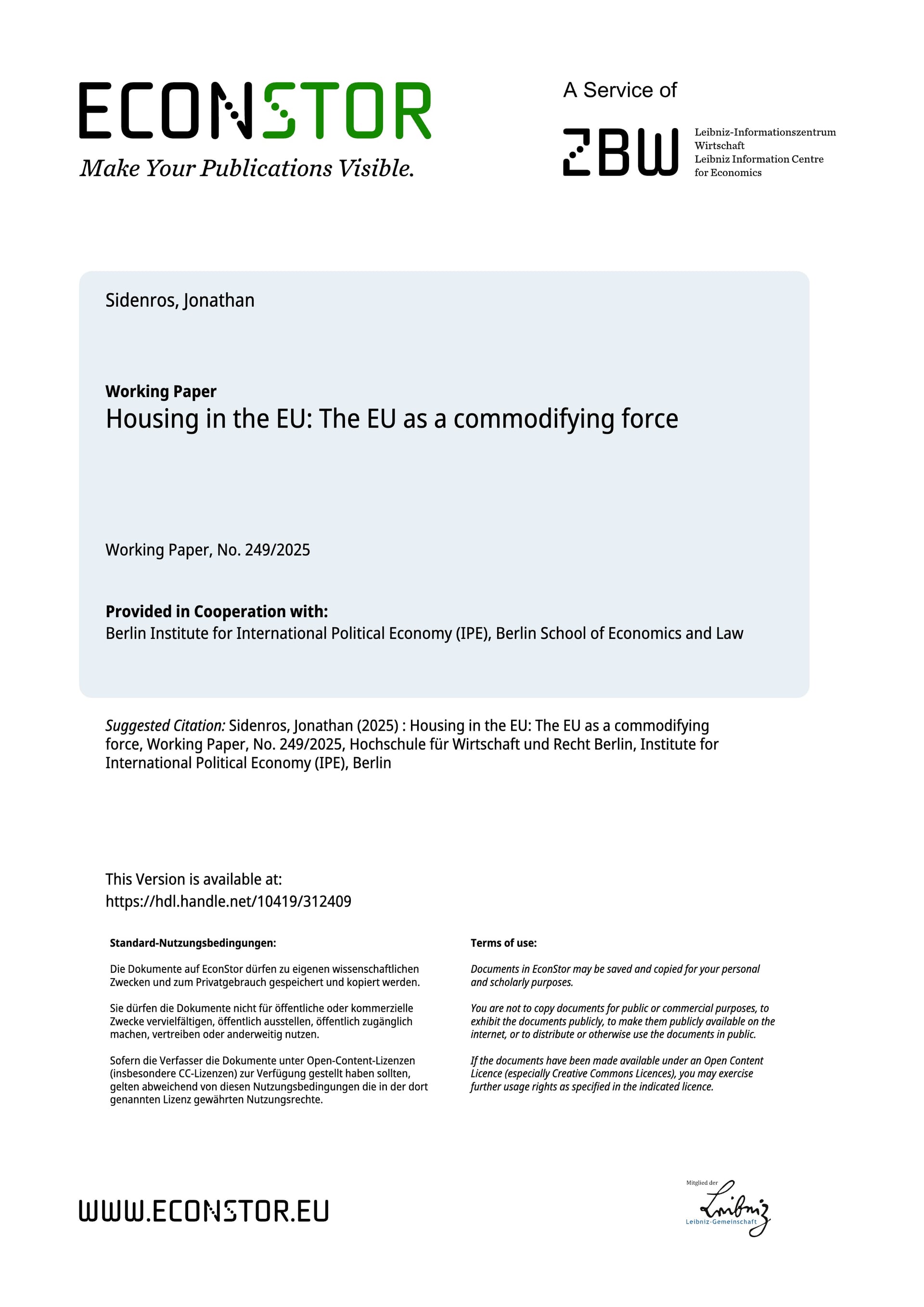 Housing in the EU: The EU as a commodifying force