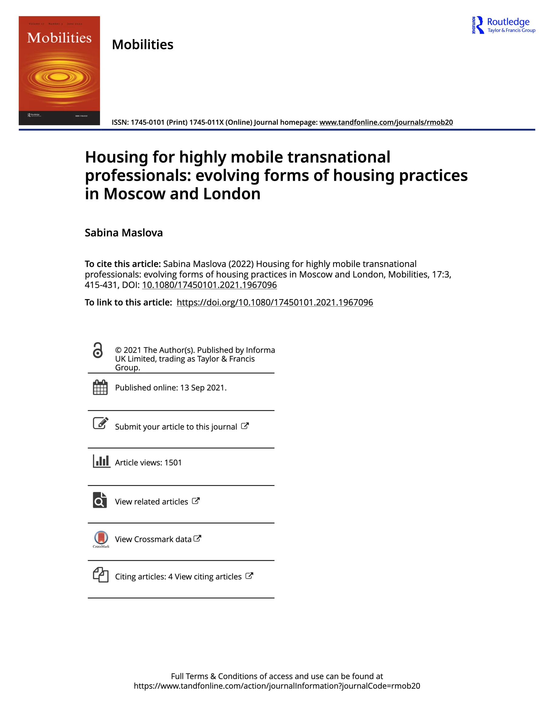 Housing for highly mobile transnational professionals: evolving forms of housing practices in Moscow and London