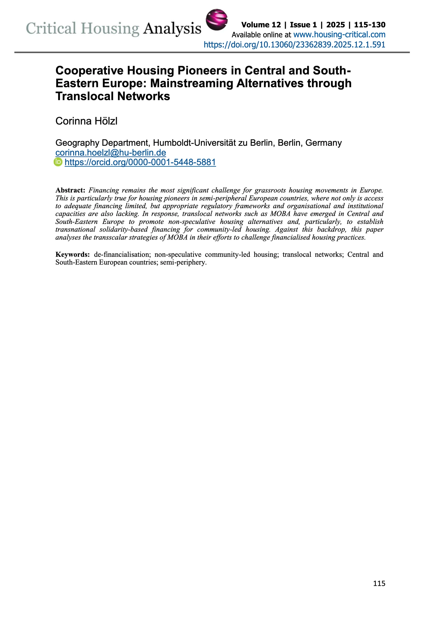 Cooperative Housing Pioneers in Central and South- Eastern Europe: Mainstreaming Alternatives through Translocal Networks