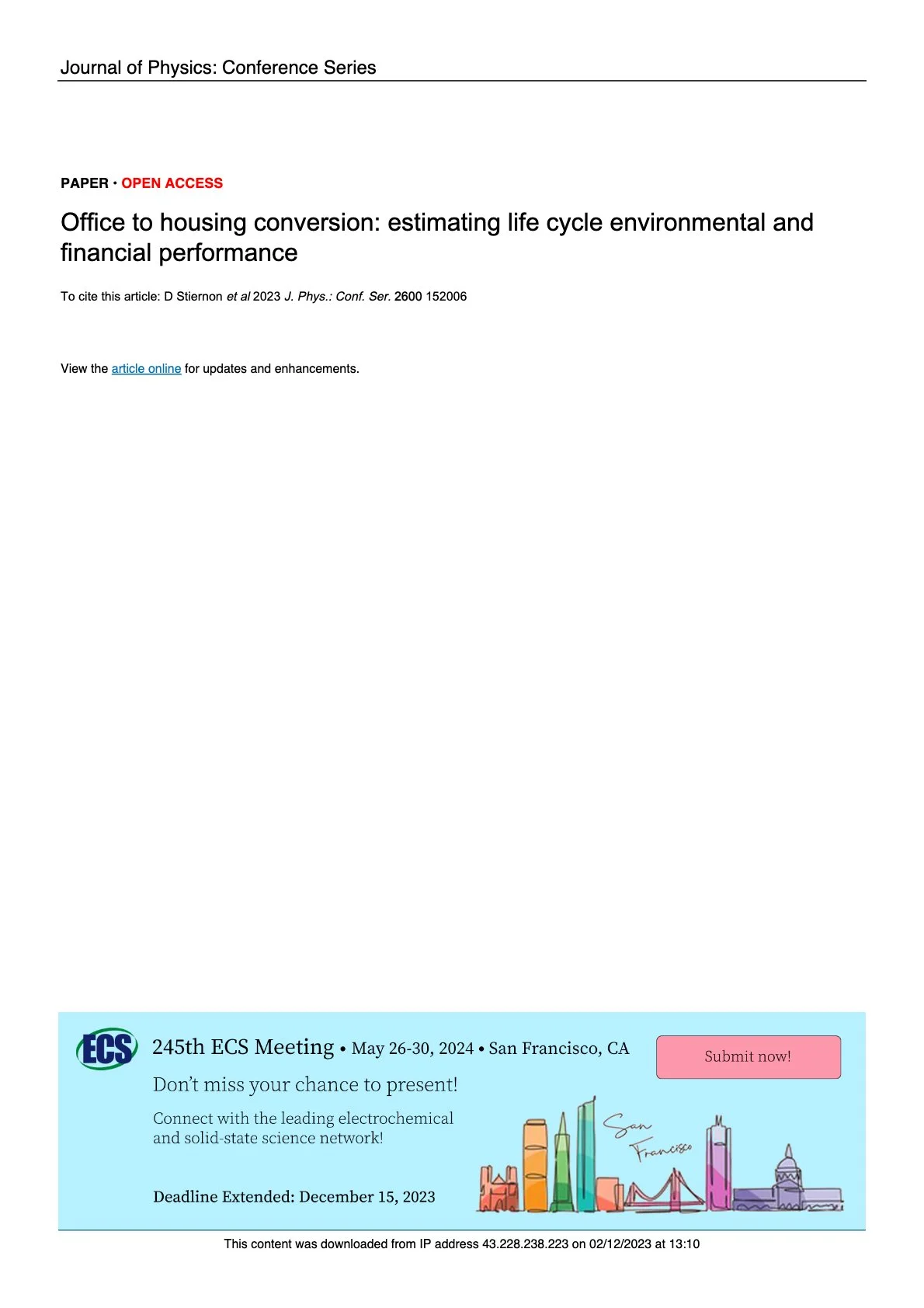 Office to housing conversion: estimating life cycle environmental and financial performance