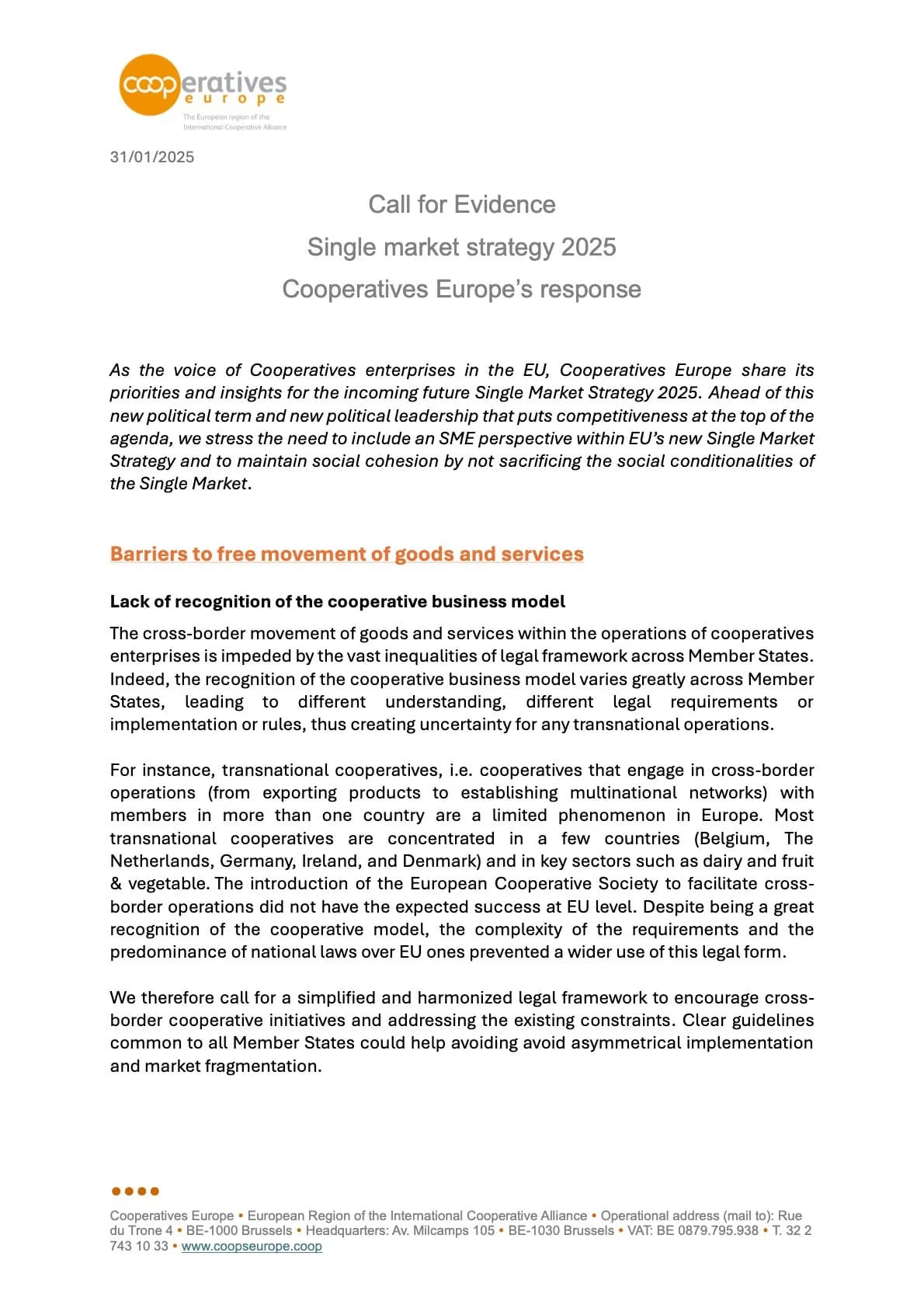 Call for Evidence Single Market Strategy 2025 Cooperatives Europe position