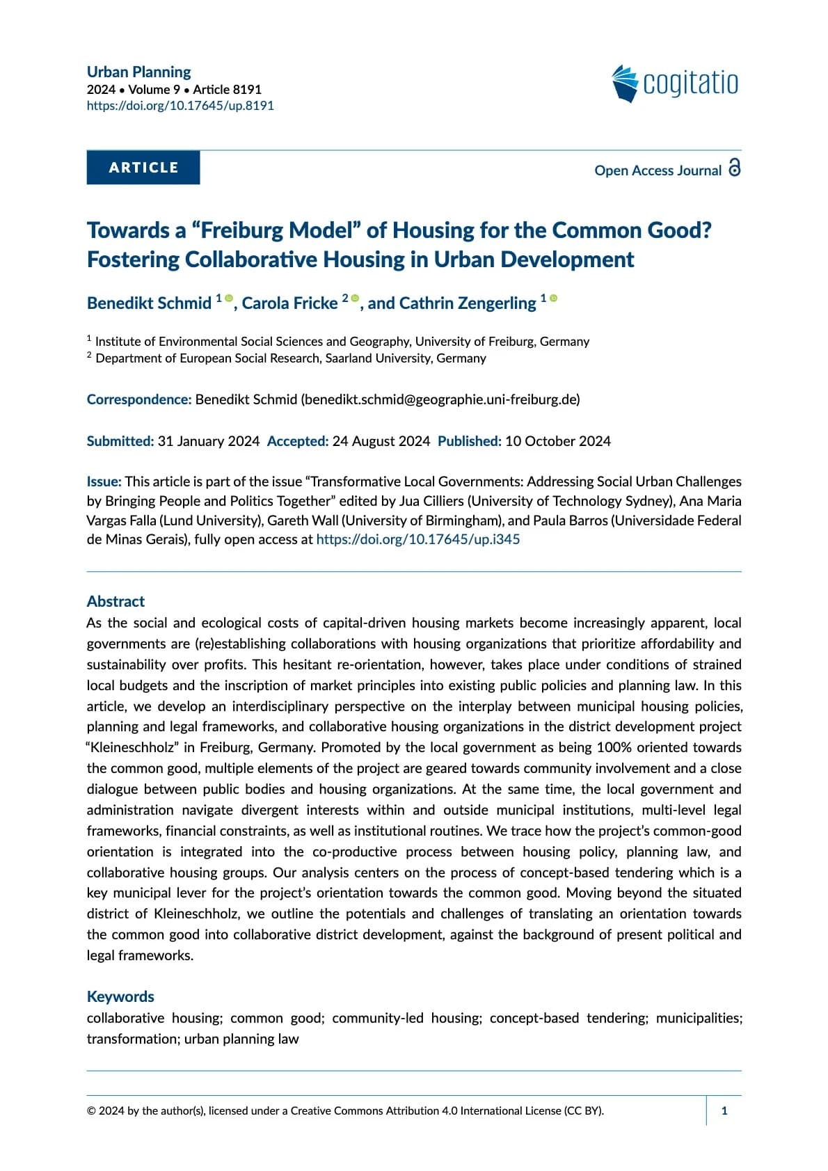 Towards a Freiburg Model of Housing for the Common Good? Fostering Collaborative Housing in Urban Development