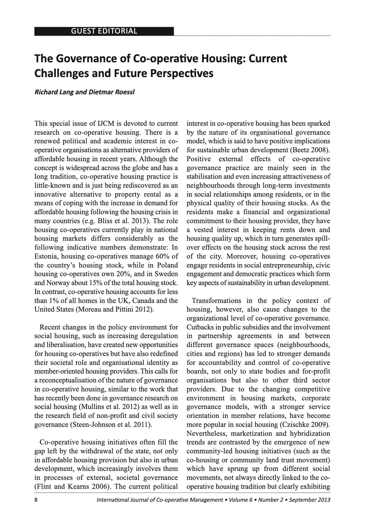 The Governance of Co-operative Housing: Current Challenges and Future Perspectives