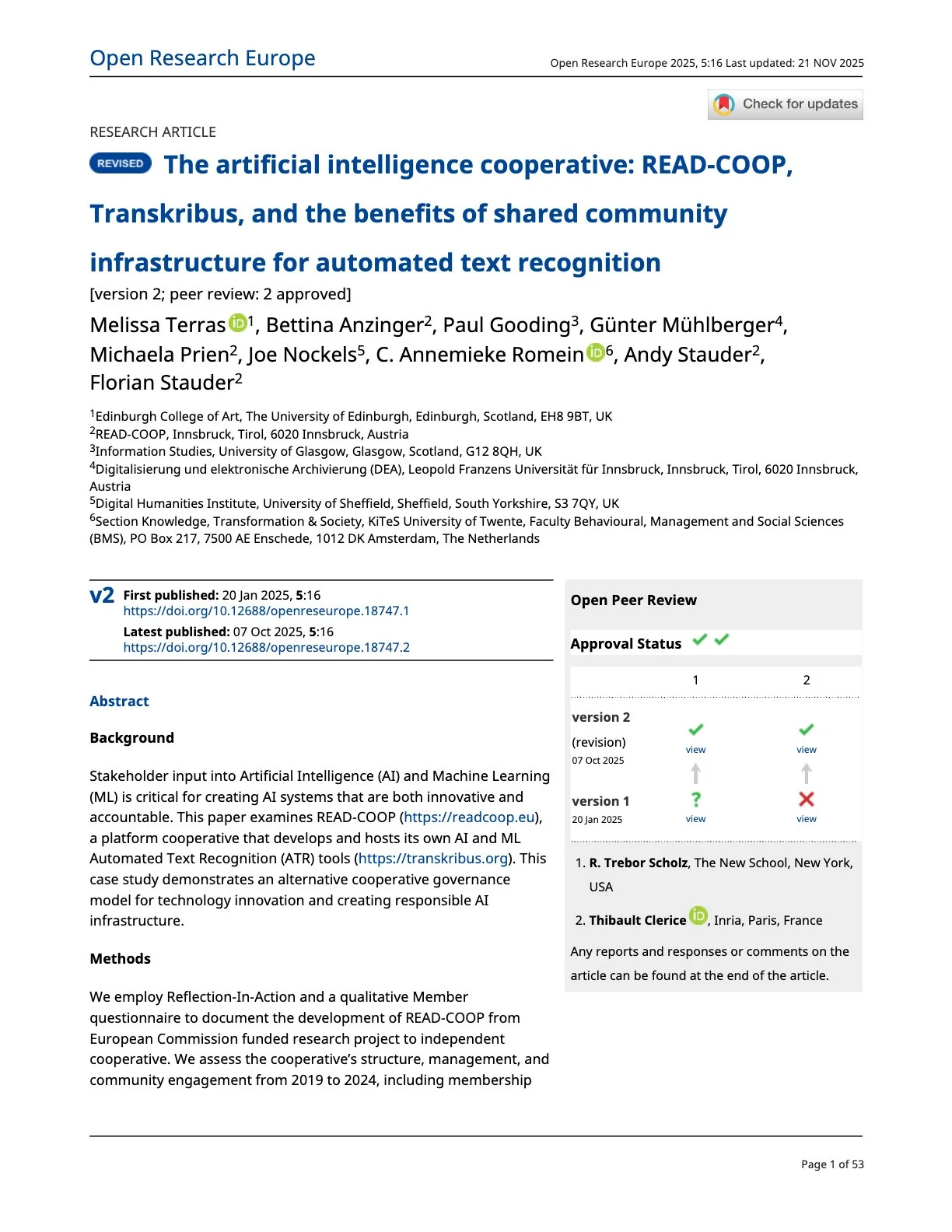 The artificial intelligence cooperative: READ-COOP, Transkribus, and the benefits of shared community infrastructure for automated text recognition