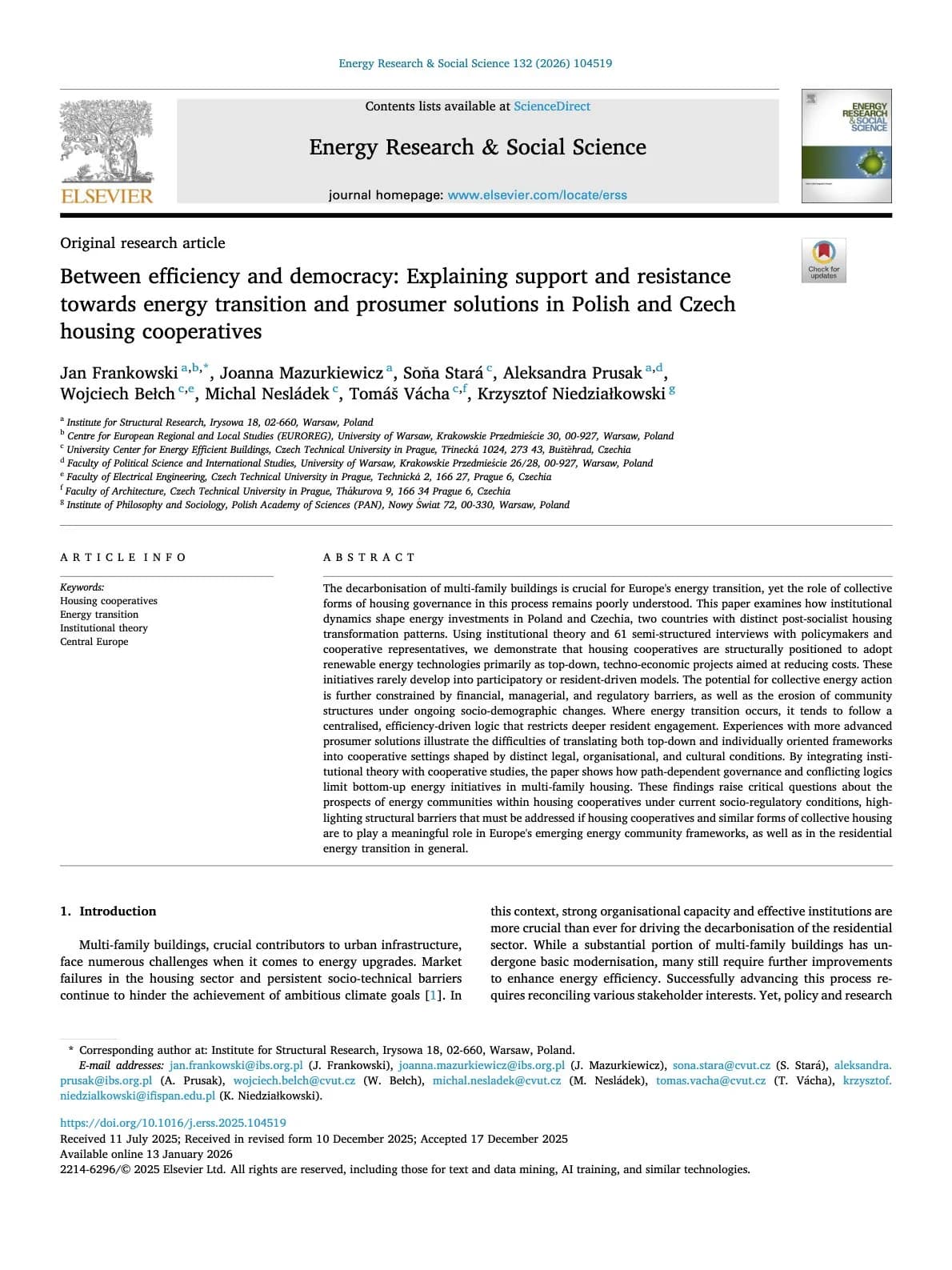 Between efficiency and democracy: Explaining support and resistance towards energy transition and prosumer solutions in Polish and Czech housing cooperatives