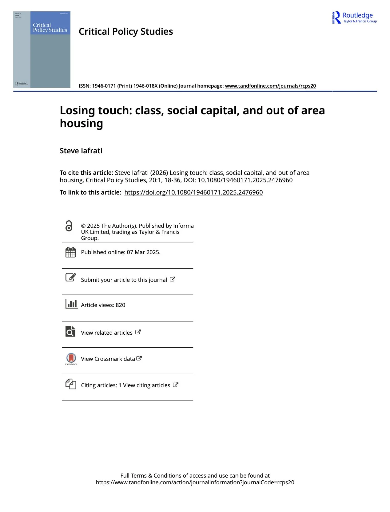 Losing touch: class, social capital, and out of area housing