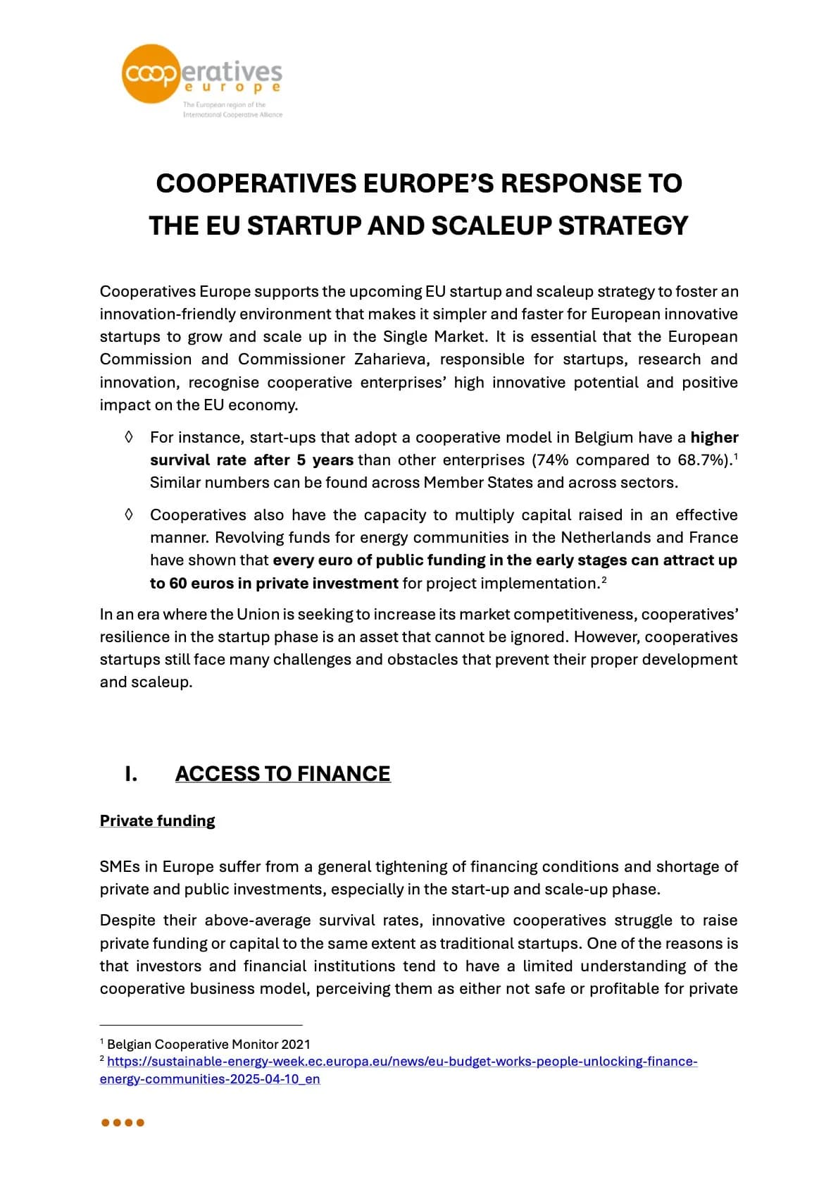 Cooperatives Europeās Response to the EU Startup and ScaleUp Strategy