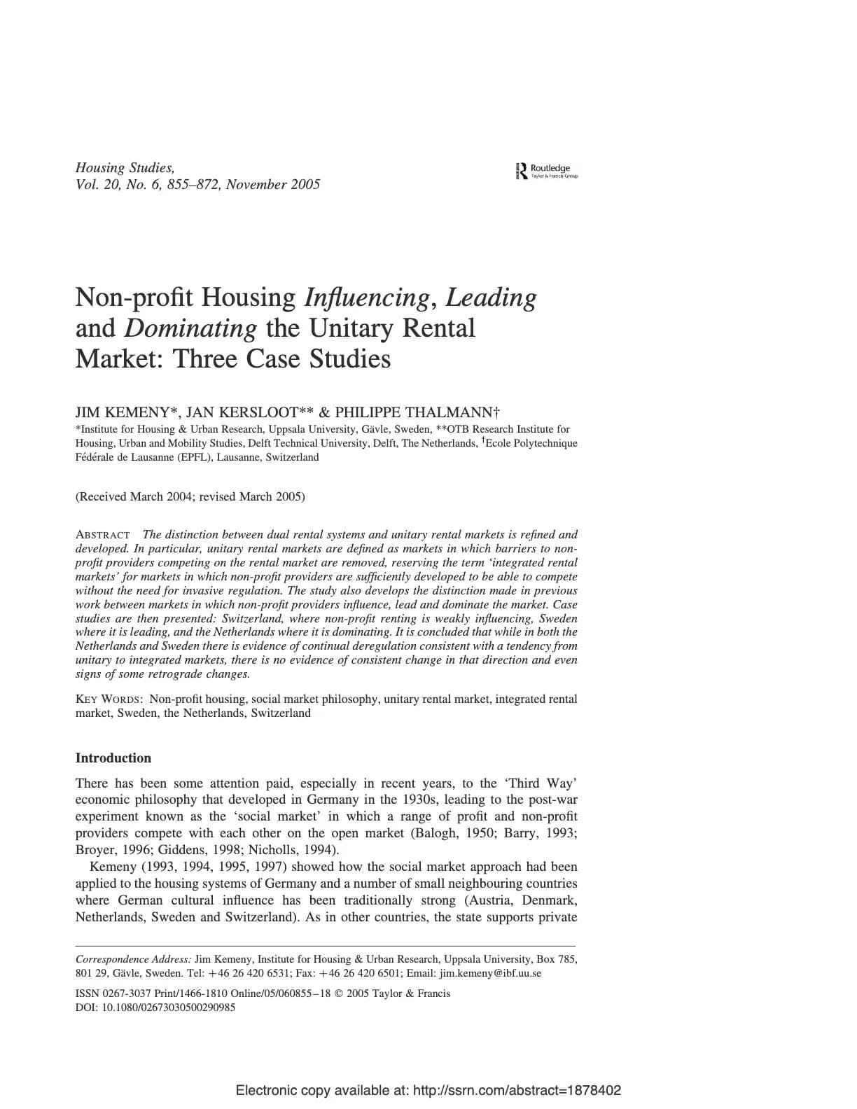 Non-profit Housing Influencing, Leading and Dominating the Unitary Rental